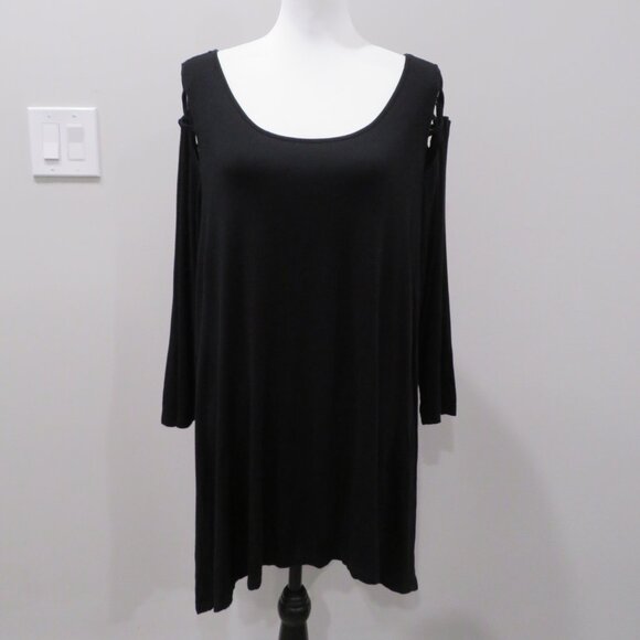Black Long Sleeve Cut Out Strap Shoulder Tunic Top - Picture 1 of 3